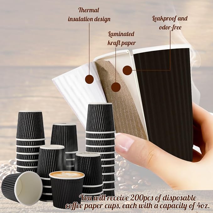 200 Pcs 4oz Paper Espresso Cups Ripple Wall Hot Cups - Image 4