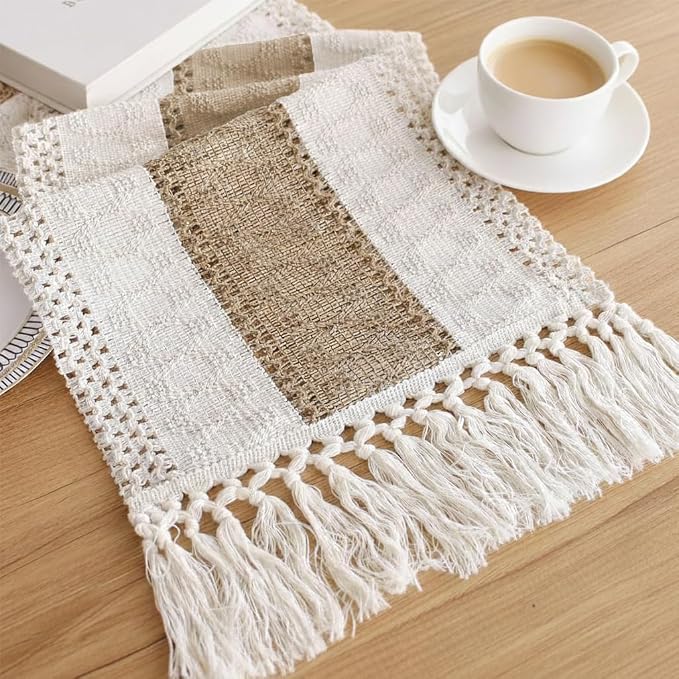 Boho Table Runner with Tassels, Farmhouse Rustic Macrame Table Runners by EphyrosaHome