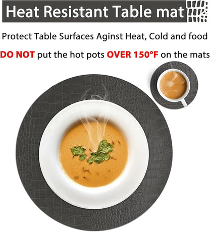 Round Leather Placemats for Round Tables Set of 4, Gray Table Place Mats and Coasters, Washable Easy to Care for Indoor Decor 13" Diameter