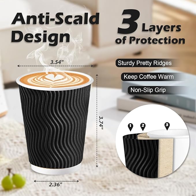 Lamosi 10 oz Coffee Cups 120 Pack Disposable Insulated Corrugated Paper Cup | - Image 2