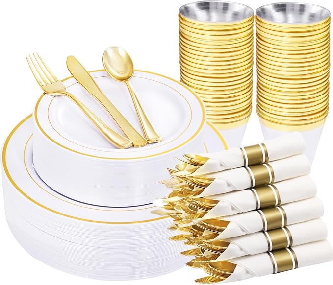 WELLIFE 210 Piece Gold Plastic Dinnerware Set, Include: 30 Dinner Plates by WELLIFE