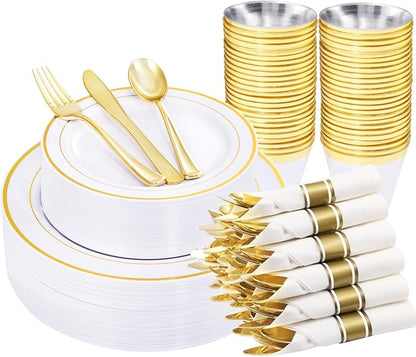 WELLIFE 210 Piece Gold Plastic Dinnerware Set, Include: 30 Dinner Plates by WELLIFE