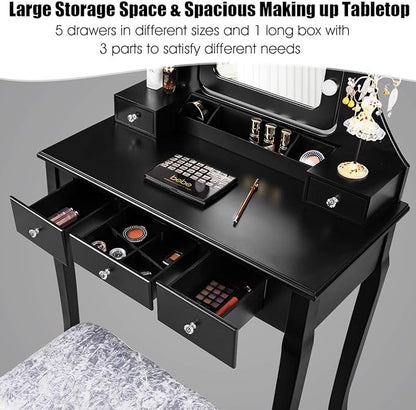 DORTALA Vanity Table Set w/ 360-Degree Rectangular Mirror & Cushioned Stool, Makeup Table w/ 10 LED Dimmable Bulbs, Bedroom Wood Dressing Table w/ 5 Drawers & Removable Box Organizer, Black