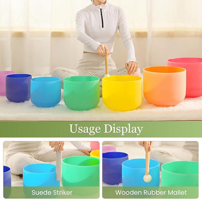432HZ 6-12 Inch 7 Pcs Colored Frosted Crystal Singing Bowl Set for Meditation Healing Yoga Chakra Quartz Crystal Sound Bowls with Heavy Duty Carry Cases and Rubber Mallet,Suede Striker,O-rings