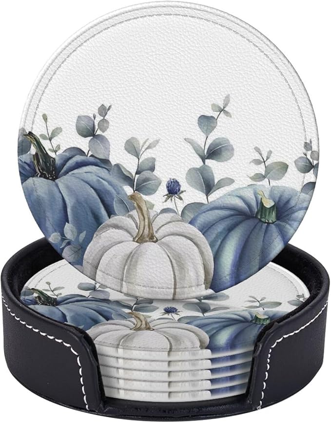 6 Pcs Blue White Pumpkins Leather Coasters by Jfniub