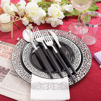 LIYH 350Pcs Black Silver Lace Plastic Plates Dinnerware Set - Image 3