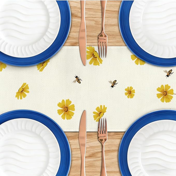 Yellow Flowers Daisy Bees Summer Table Runner, Kitchen Table Decorations | - Image 4