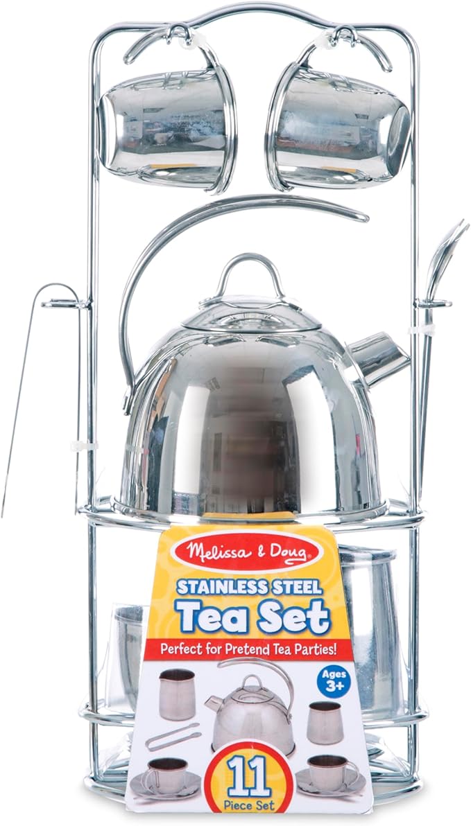 Melissa & Doug Stainless Steel Pretend Play Tea Set and Storage Rack - Image 6