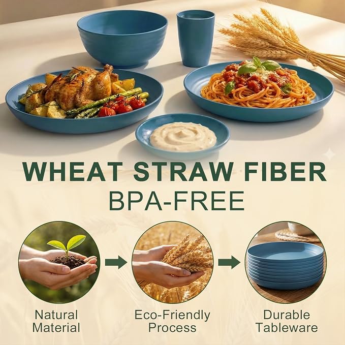 Wheat Straw Dinnerware Sets for 8, Unbreakable Bowl and Plate Set 40 Piece - Image 3