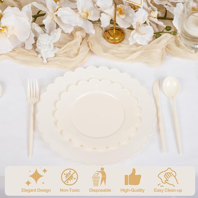 100pcs Ivory Plastic Plates Fancy Scalloped Plates - Image 7