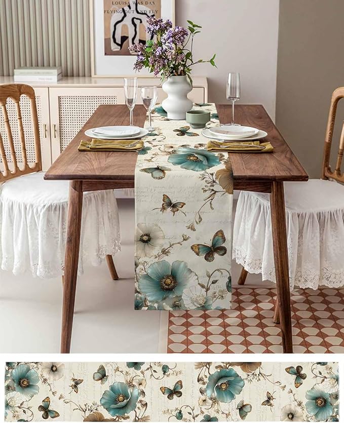 Turquoise Tulip Table Runners 90 Inches Long, Spring Vintage Botanical Table - Image 6