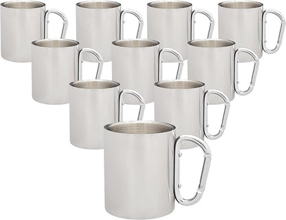 DISCOUNT PROMOS Stainless Steel Mugs with Carabiner Handle 10 oz. Set of 10, Bulk Pack - Perfect for Coffee, Soda, Other Hot & Cold Beverages - Silver