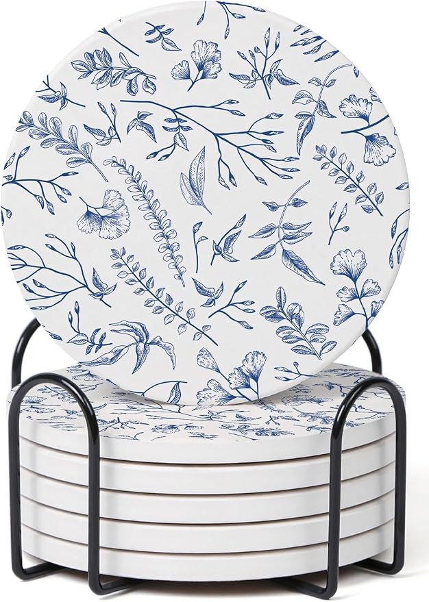 Set of 6 Floral Blue and White Coasters by Hoomey