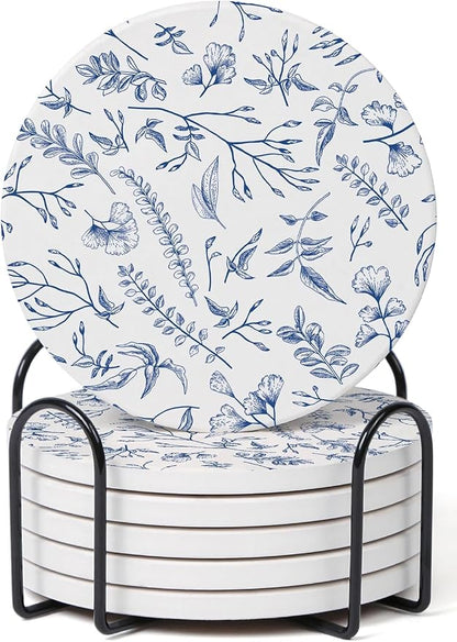 Set of 6 Floral Blue and White Coasters by Hoomey