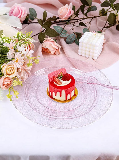 WDF 200PCS Pink Plastic Plates - Rose Gold Glitter Plastic Plates - Heavy Duty Pink Glitter Disposable Plates for Parties/Wedding/Valentine's Day