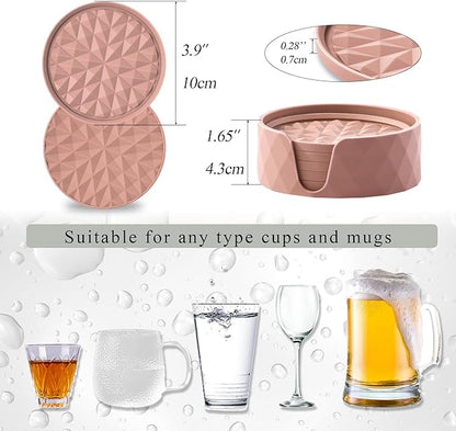 Silicone Coasters for Drinks[6 Pack]- Cup Mat with Holder for Tabletop Protection-Non-Slip, Non-Stick, Coffee Table Decor, Great Gift for Any Occasion, Pink