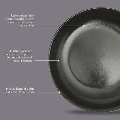 Gibson Elite Beckett 4-Piece 9 Inch Dinner Plate Bowl Set – Reactive Glaze Stoneware – Shallow Serving Pasta Bowls (Blate) – Round Wide-Rim Design – Microwave & Dishwasher Safe - Black