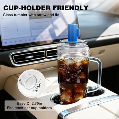 ANOTION Glass Tumbler With Handle Bamboo Mason Leakproof Mason Jar Cups with - Image 5