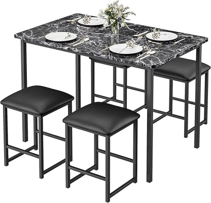 VECELO Kitchen Table and Chairs for 4, Dining Room Set with PU Chairs/Stools, Heavy-Duty Metal Frame, Faux Marble Tabletop, Space-Saving Design for Small Spaces, Easy Assembly, Veined Black