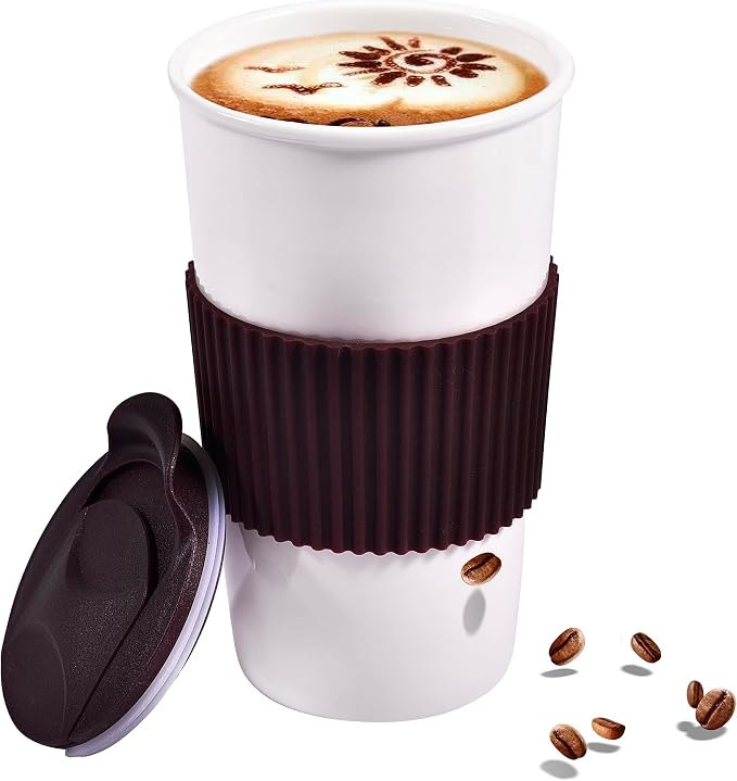 Ceramic Travel Mug, Double Wall Insulated Takeaway 12 oz Coffee Cup by fMSDD