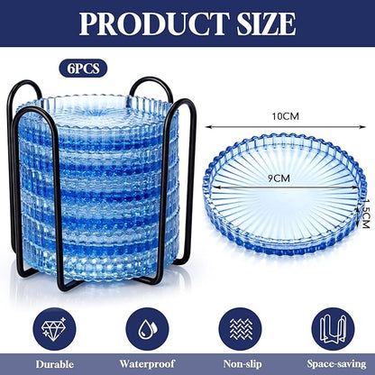 Remerry 6 Pcs Clear Crystal Coaster Set with Holder Glass Coasters for Drinks 4 Inch Drinks Crystal Round Cup Coasters Coffee Table Decor for Office Kitchen Bar Restaurant Patio (Blue)