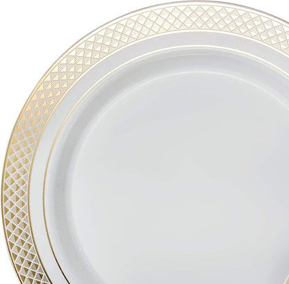 OCCASIONS 120 Plates Pack,(60 Guests) Heavyweight Premium Wedding Party Disposable Plastic Plates Set -60 x 10.5'' Dinner + 60 x 7.5'' Salad/Dessert (Celebration White & Gold)