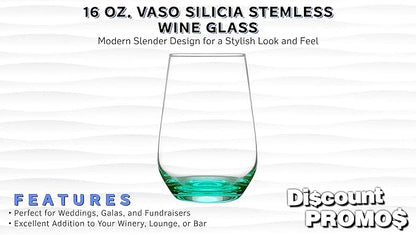 DISCOUNT PROMOS 10 Vaso Silicia Stemless Wine Glasses Set, 16 oz. - Clear, Orb-Like, Thick base - Green