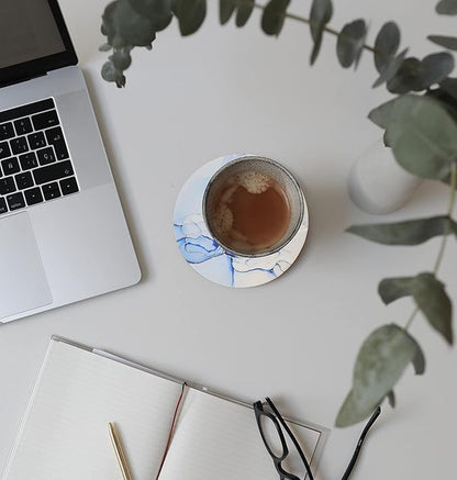 Marble Ceramic Coasters with Metal Holder 6 Pcs Abstract Absorbent Drink Round Ceramic Table Coasters Set Decorative Coffee Cup Beverage 4 Inches- Light Blue