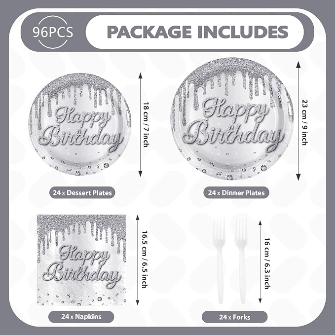 96Pcs Silver Glitter Diamonds Birthday Party Decoration, Serve 24 | Silver - Image 5