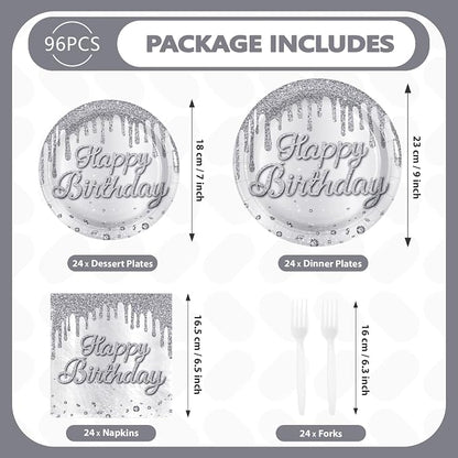 96Pcs Silver Glitter Diamonds Birthday Party Decoration, Serve 24 | Silver - Image 5