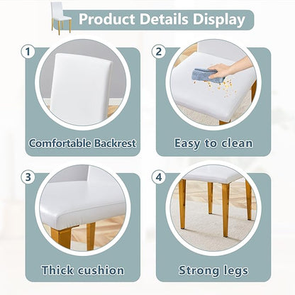 White Dining Chairs Set of 8,Faux Leather with Gold Metal Legs,Armless Kitchen Room Chairs Set of 8,Max Load 300 Lbs,High Back Modern Design for Home Kitchen Living Room Bedroom