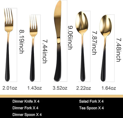 Black Silverware Set for 4 Elegant 20 Piece Flatware Set 18/10 Stainless Steel Nice Weight Mirror Polished Unique Black Gradual Change Gold Cutlery Utensils Sets for Home Kitchen Restaurant