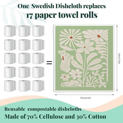Spring Flower Swedish Dishcloths for Kitchen, Boho Sage Green Swedish Dish Cleaning Cloths for Floral, 4 Pack Dish Towels for Kitchen, Papaya Reusable Paper Towels Washable