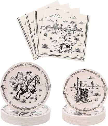60PCS Cowboy Paper Plates and Napkins Party Supplies Serve 20 | Western Rodeo by BORAENDEY