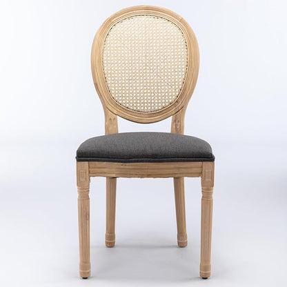 Ball & Cast French Vintage Upholstered Dining Chairs Set of 2, Antique Painting Wooden Kitchen Side-Chairs with Rattan Back & Carved Solid Wood Frame, 2-Piece Curved Backrest Louis Chair, Gray