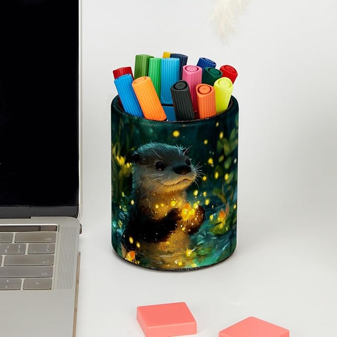Cute Otter Leather Pen Holder for Desk, Desktop Caddy Stationery Organizer for - Image 5