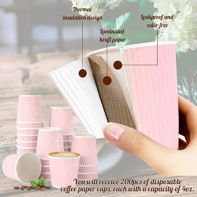 TINSKY 200 Pcs 4oz Paper Espresso Cups Ripple Wall Hot Cups - Image 7