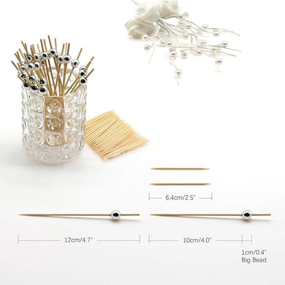 Minisland Silver Pearl Cocktail Picks, 4.7 Inch Long Bamboo Fancy Toothpicks for Appetizers, Decorative Christmas New Year Holiday Party Food Drink Garnish Fruit Kabob Skewer Sticks 100 Counts -MSL151