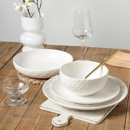 Sureasy Ceramic Plates and Bowls Sets, 24 Pieces Dinnerware Sets for 6, Embossed Scratch Resistant Dinner Set, Dishwasher and Microwave Safe, White