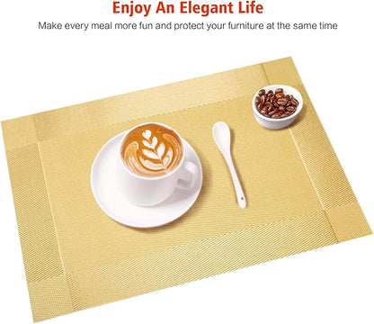 Placemats Set of 12,Washable,Heat and Stain Resistant Indoor/Outdoor Place mats,Vinyl Woven Non Slip Table Mats for Restaurant Table Protection,PVC Placemats(Gold 12PCS)