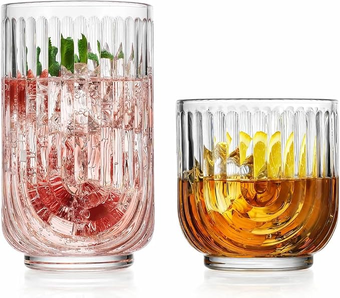 Glaver's 16-Piece Drinking Glass Set, Art Deco Ribbed Arch Design, 17oz by Glavers