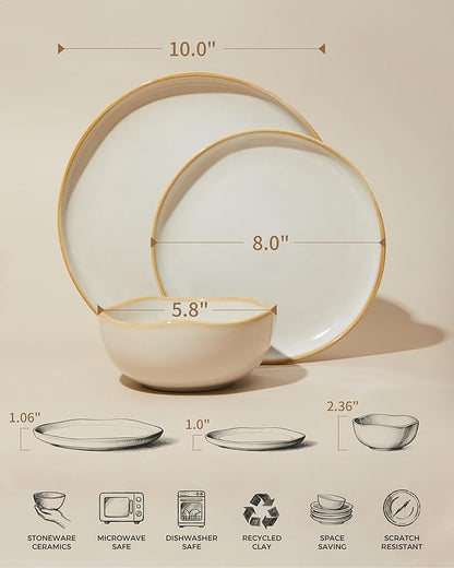 Plates and Bowls Sets for Family of 6, Ceramic Dinnerware Sets, Kitchen Dish Set, Microwave & Dishwasher Safe Dishware, Highly Durable Reactive Glazed Dinner Set, Yellow White