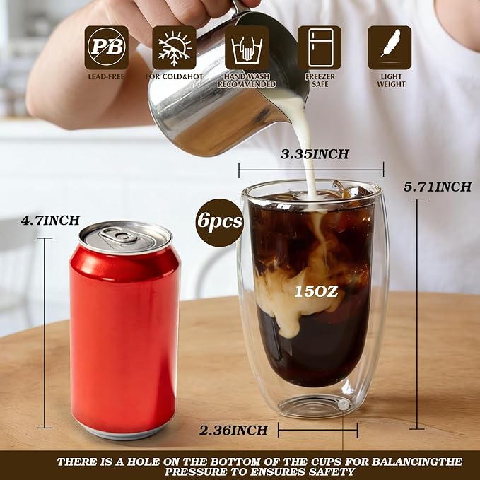 Etolies 6 Pack Double Wall Glass Coffee Mugs, 15oz Glass coffee Cups, Drinking - Image 2