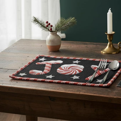 DaDa Bedding Starry Peppermint Joy Placemats - Set of 4 Festive Christmas Winter Holiday Tapestry - Red Black & White Cotton Linen Woven Yueltide Dining Table Mats - 13” x 19” (12904)