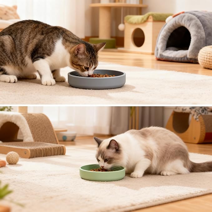 2 Pcs Silicone Cat Bowls Non-Slip Cat Dish for Dry & Wet Food Shallow Relief Whisker Fatigue Pet Bowl Set for Cats Small Dogs, Green with Grey