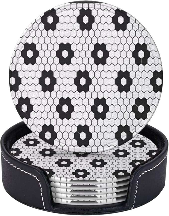 6 Pcs Black White Flower Hex Tile Print Floor Leather Coasters by Jfniub