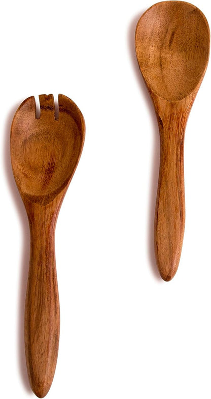 6 Inch Acacia Wood Salad Server Set Wooden Mixing Tongs Dinner Fork & Spoon - Image 9