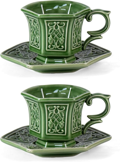 KAMMAK Tea Cups and Saucers Set of 2, 6 oz Porcelain Coffee Cups, SY004 | by KAMMAK