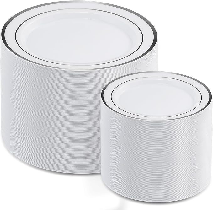 AOZITA 200Pcs Silver Plastic Plates, Disposable Plastic Party Plates by AOZITA