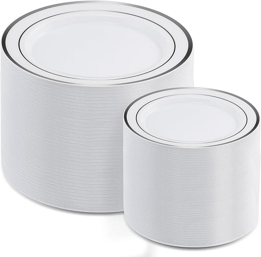 AOZITA 200Pcs Silver Plastic Plates, Disposable Plastic Party Plates by AOZITA